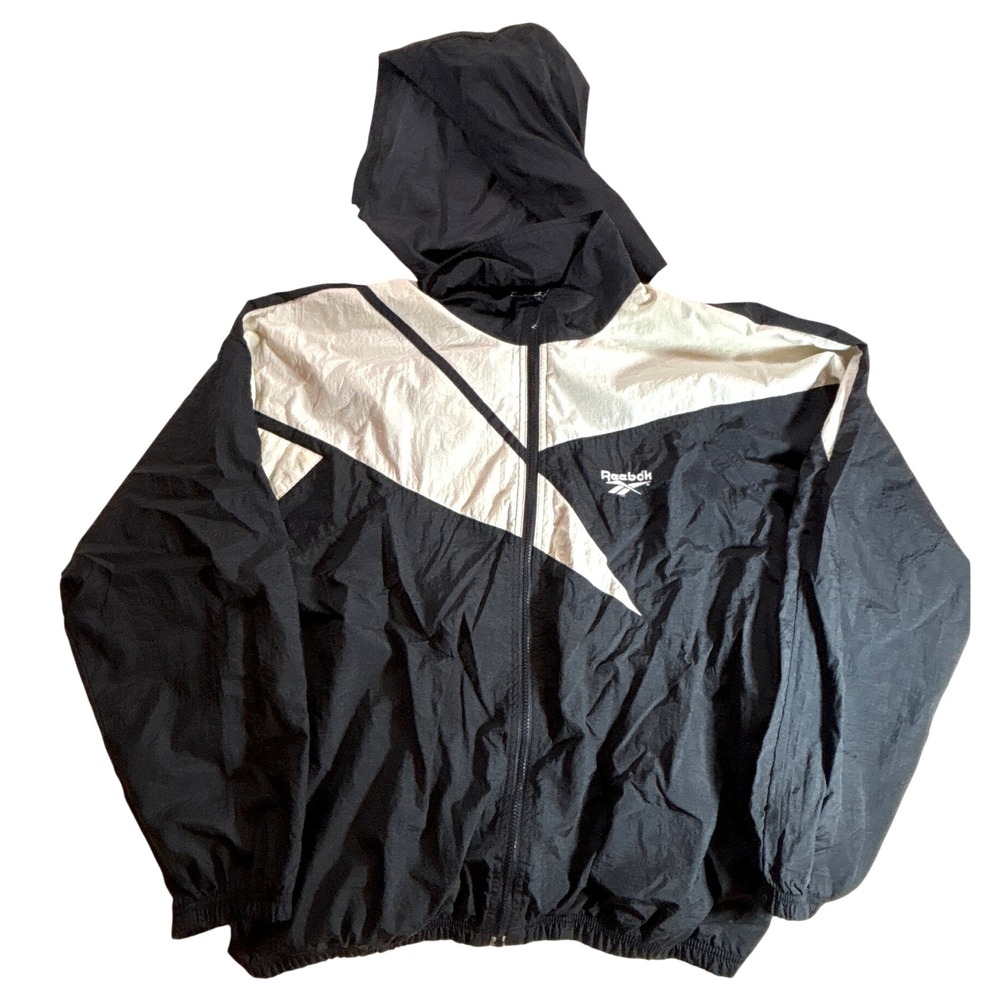 VTG 1990s Reebok Windbreaker Track Jacket Black White XL Hood Vented Mesh Lining